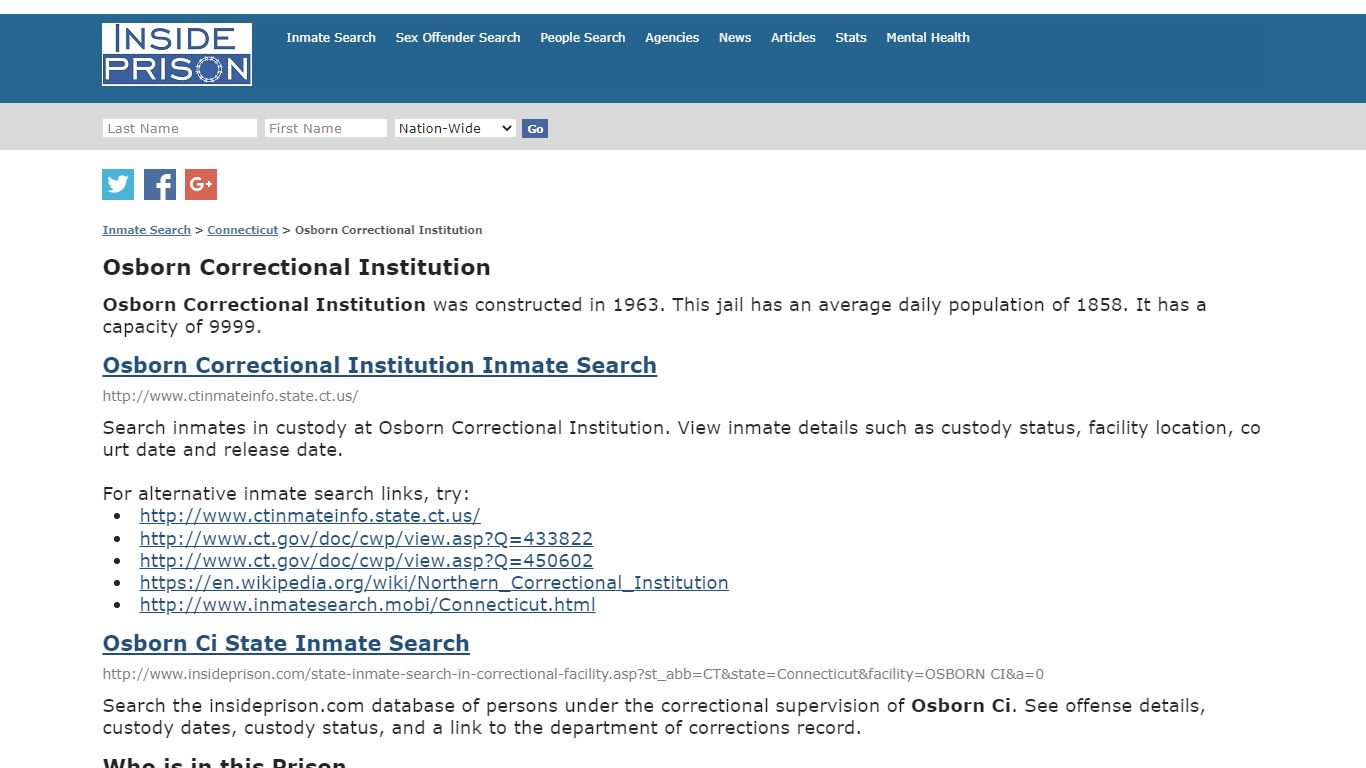 Osborn Correctional Institution - Connecticut - Inmate Search